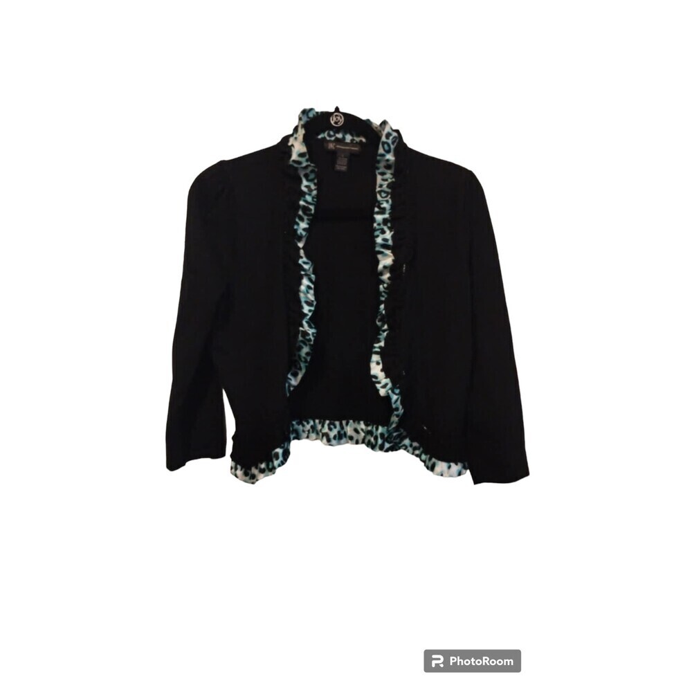 I.N.C Black and teal cheetah print ruffle hem cardigan